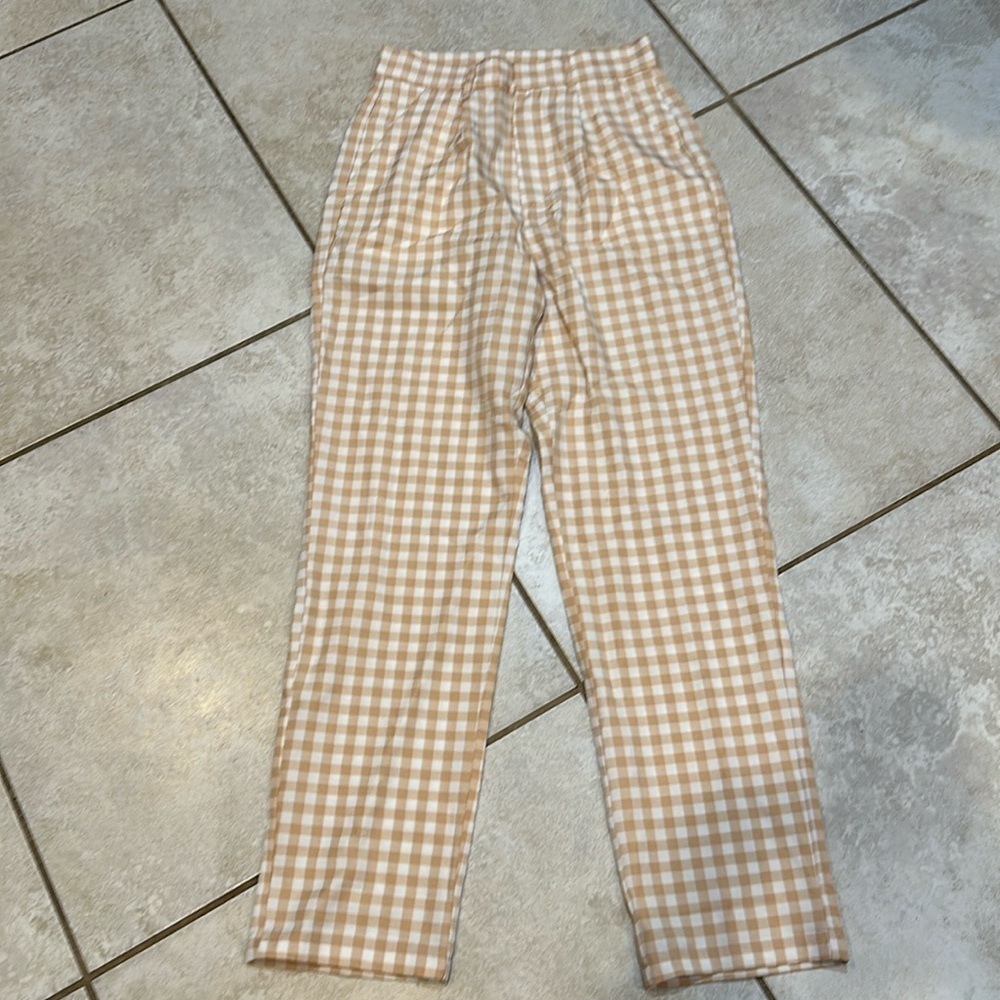 Rusty Tan Check Menswear Pleated Wide Leg Trousers Pants 1
